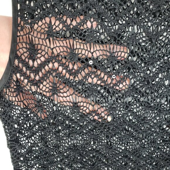 Cache Crochet Fringe Top Sleeveless Black Satin Sequin Sheer Evening Size Medium - Picture 6 of 6